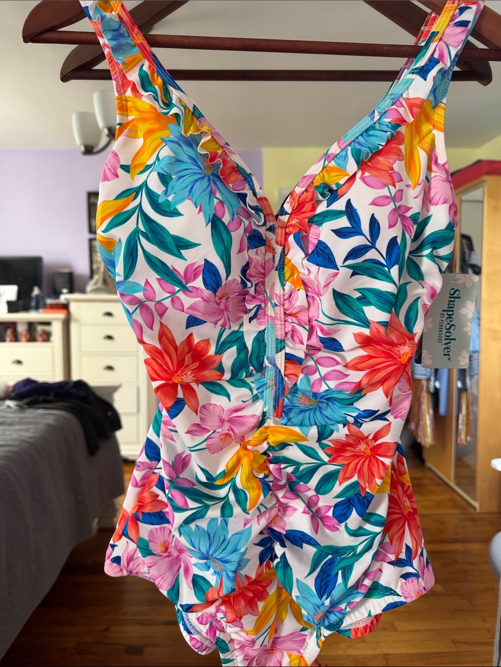 Floral V-Neck One-Piece Swimsuit in White with Multicolor Bloom